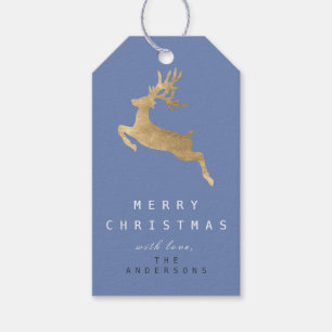 Holiday Gift Tag Blue Grey Gold Reindeer