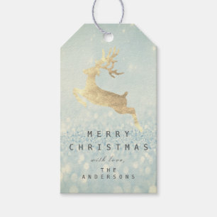 Holiday Gift Tag Grey Glitter Blue Snow Reindeer