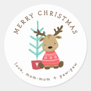 Holiday gift tag stickers, cute reindeer + tree