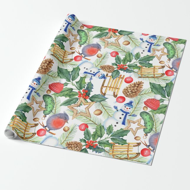 Holiday Gift Wrap Blue Bird (Unrolled)