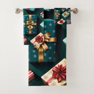 Holiday Gifts Stylish Wrap Gold Blue Red Bath Towel Set