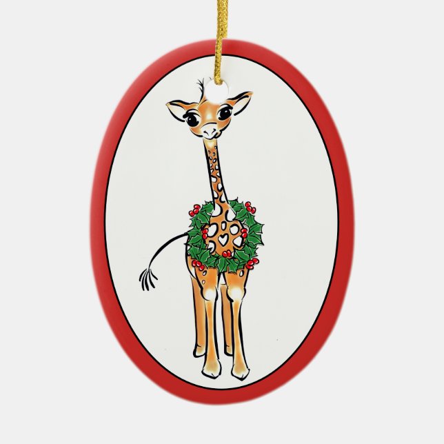 Holiday Giraffe -green and red Holly wreath Ceramic Ornament (Front)