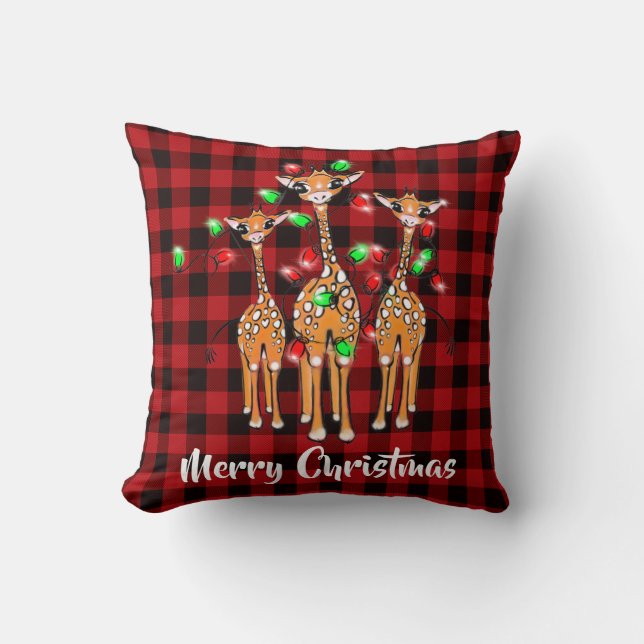 Holiday Giraffe’s, twinkle lights, plaid Cushion (Front)