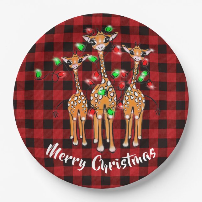 Holiday Giraffe’s, twinkle lights, plaid Paper Plate (Front)