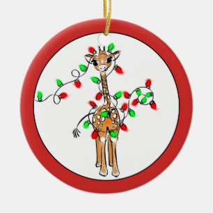 Holiday Giraffe- twinkle red and green lights Ceramic Ornament