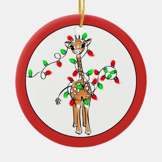 Holiday Giraffe- twinkle red and green lights Ceramic Ornament (Front)