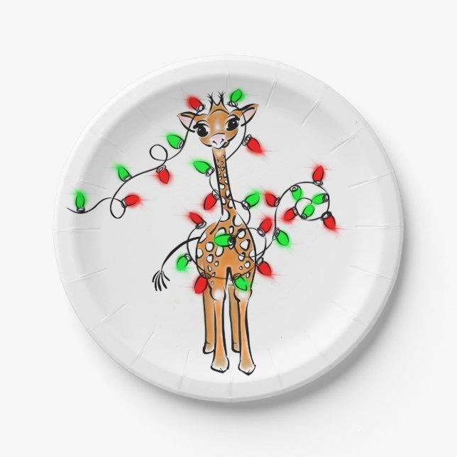 Holiday Giraffe- twinkle red and green lights Paper Plate (Front)