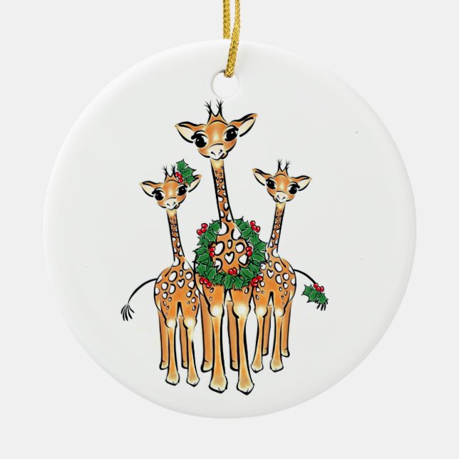 Holiday  Giraffes Ceramic Ornament (Front)
