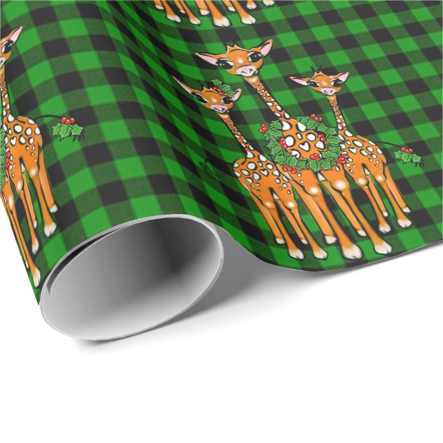 Holiday Giraffes, holly garland, green plaid Wrapping Paper (Roll Corner)