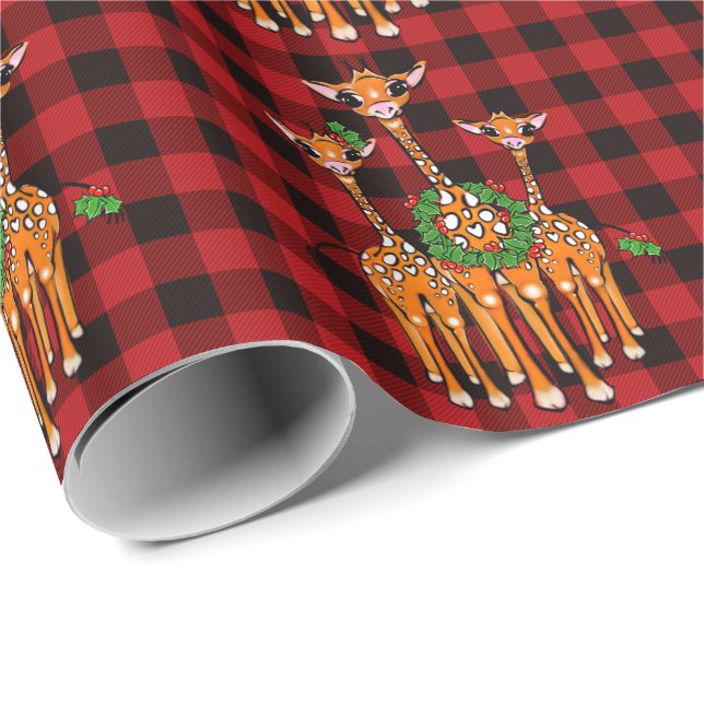 Holiday Giraffes, holly garland, red plaid tartan Wrapping Paper (Roll Corner)