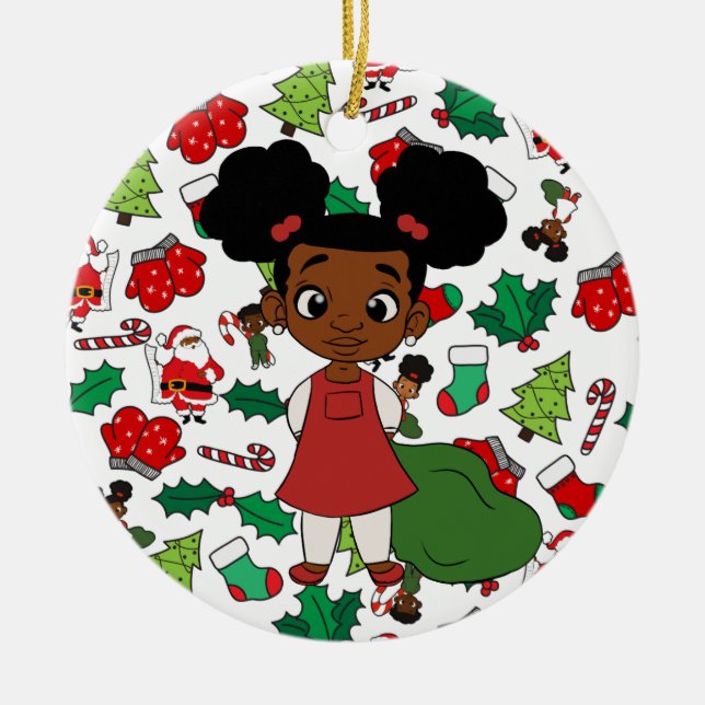Holiday Girl Ponytail Christmas Ceramic Ornament (Front)