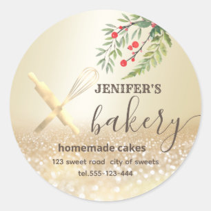 Holiday Glittery  rolling pin & whisk chef  bakery Classic Round Sticker