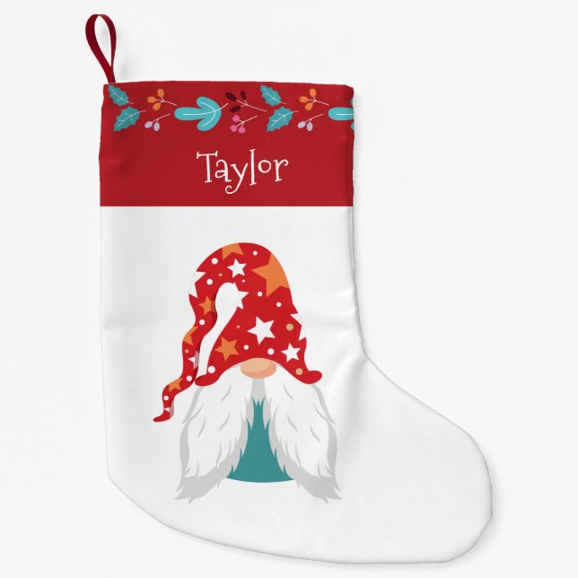 Holiday Gnome Modern Red Leaf Border Name Cute Small Christmas Stocking (Front)