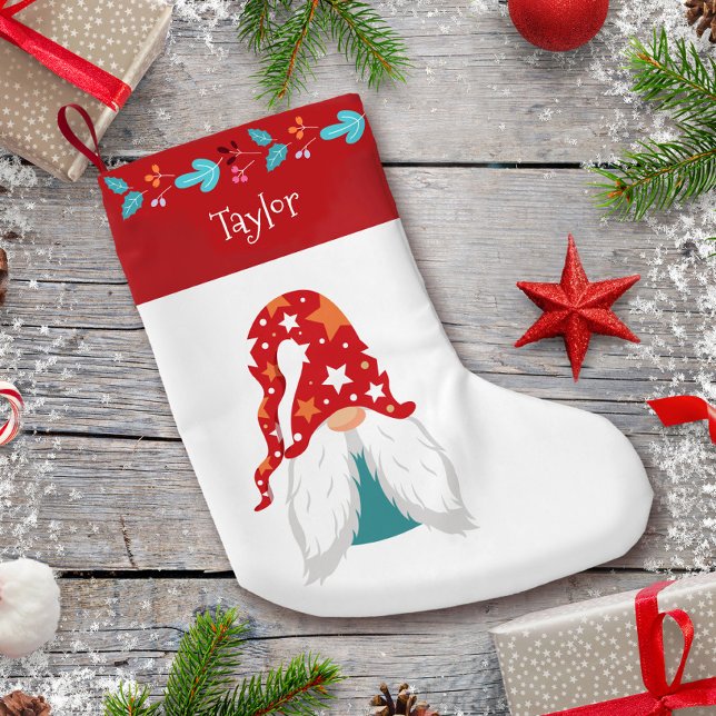 Holiday Gnome Modern Red Leaf Border Name Cute Small Christmas Stocking (Creator Uploaded)
