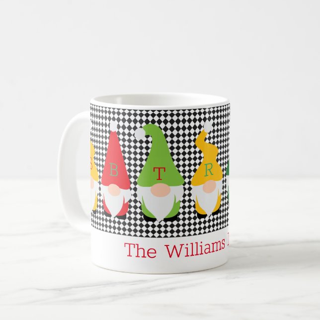 Holiday Gnomes Red Green Yellow Family Initials Coffee Mug (Front Left)