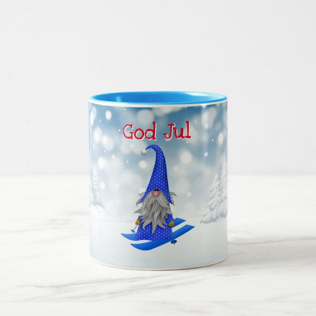 Holiday | God Jul Nisse skiing in woodland snow Two-Tone Coffee Mug (Center)