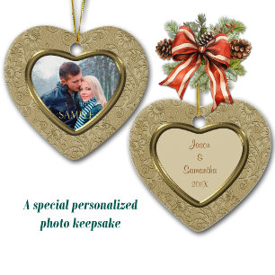 Holiday Gold Brocade Photo Template Ceramic Ornament