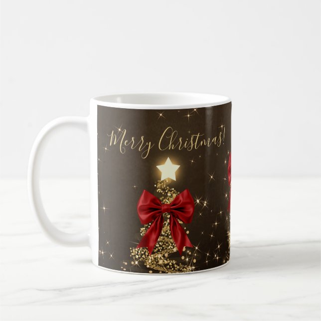 Holiday Gold Christmas Trees w/ Red Bows Coffee Mug (Left)