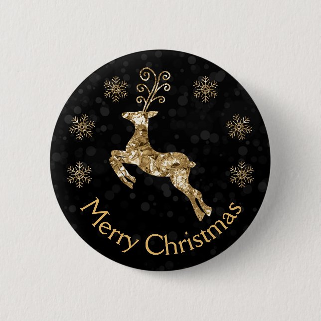 Holiday Gold crumpled Foil Christmas Reindeer 6 Cm Round Badge (Front)