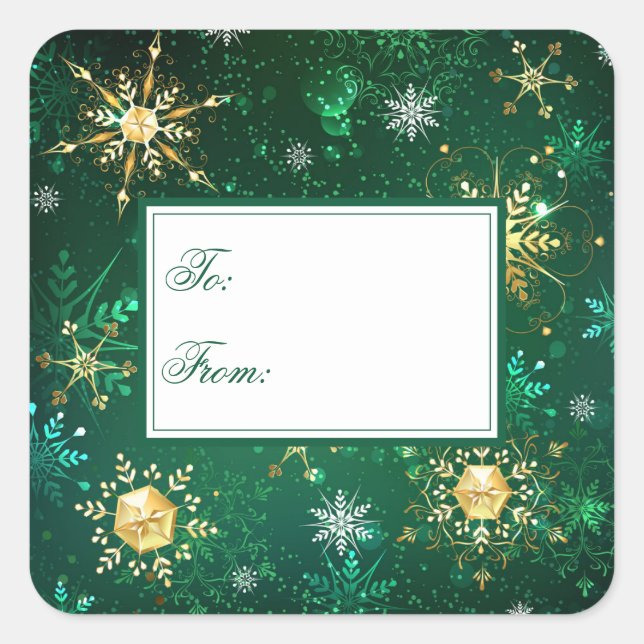Holiday Gold Green Snowflakes Xmas Christmas Square Sticker (Front)