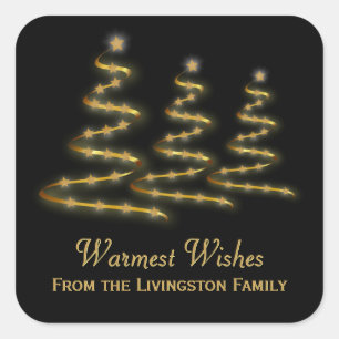 Holiday Gold Ribbon Stylised Christmas Trees Black Square Sticker