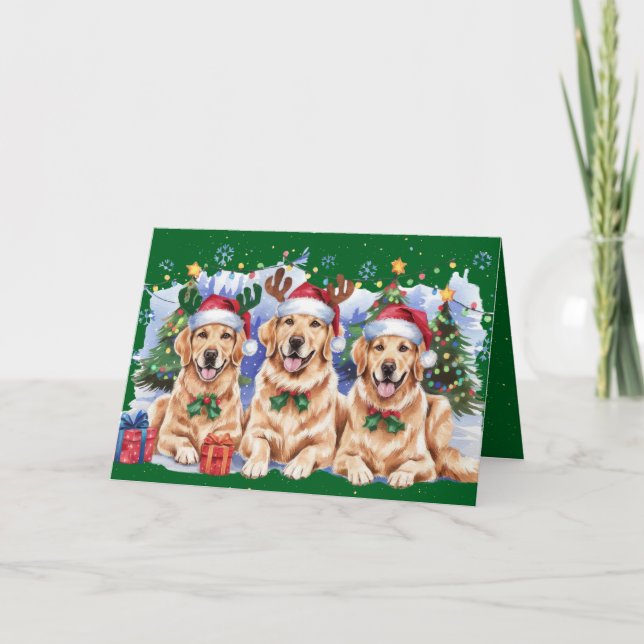Holiday Golden Retrieve Merry Christmas Card Green (Front)