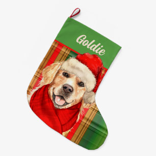 Holiday Golden Retriever and Plaid with Dog's Name Large Christmas Stocking