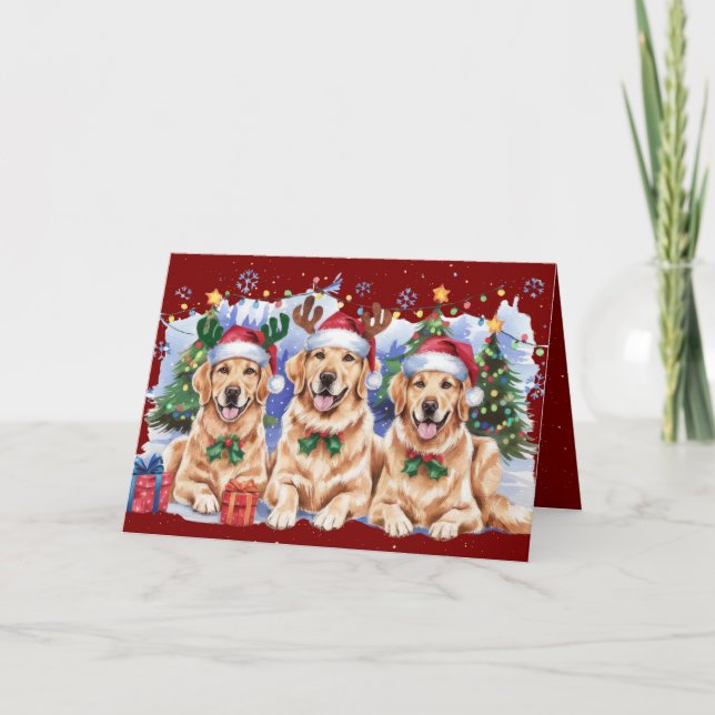 Holiday Golden Retriever Merry Christmas Card Red (Front)