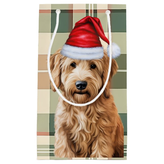 Holiday Goldendoodle Dog and Plaid Christmas Small Gift Bag (Front)