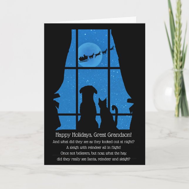 Holiday Great Grandson Cute Christmas Dog and Cat  Card (Front)