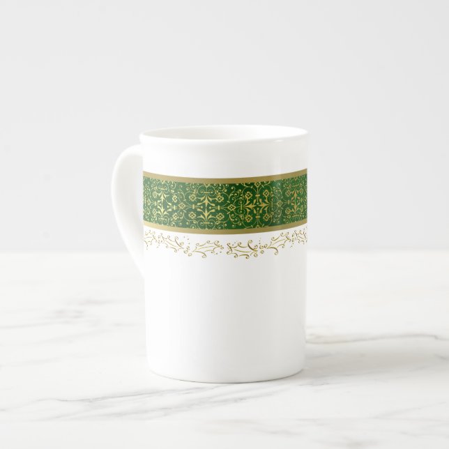 Holiday Green and Gold Bone China Mug (Front Left)