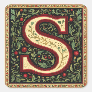 Holiday Green and Red Letter S with Gold Touches Square Sticker