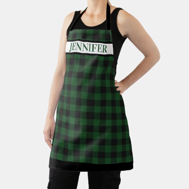 Holiday Green Black Buffalo Plaid Rustic Name Apron (Insitu)