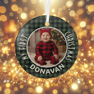 Holiday Green & Black Plaid First Christmas Custom Glass Tree Decoration