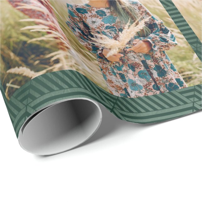 Holiday Green Geometric Print Photo Christmas Wrapping Paper (Roll Corner)