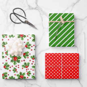 Holiday Green Holly Red Berries Polka Dots Pattern Wrapping Paper Sheet