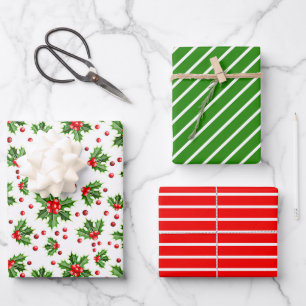 Holiday Green Holly Red Berries Stripes Pattern Wrapping Paper Sheet