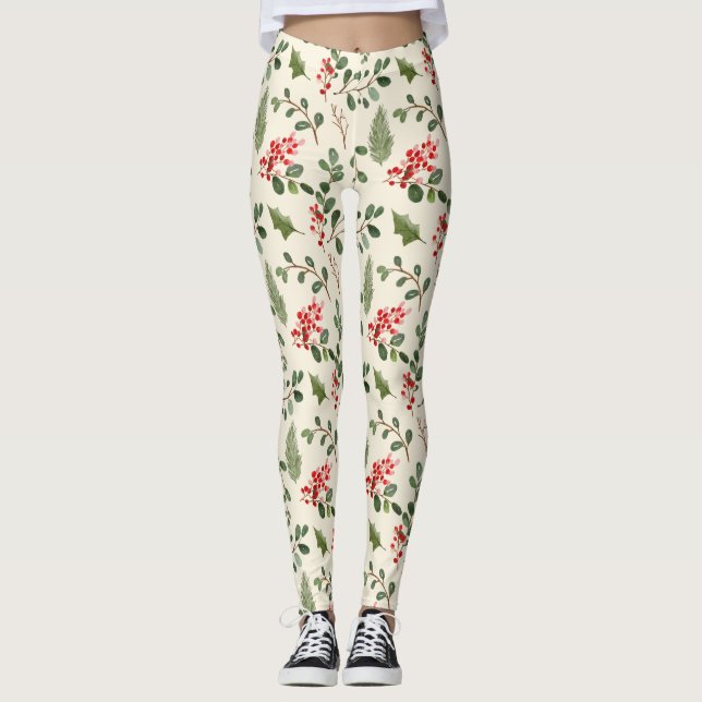Holiday Green Holly Red Berry Christmas Pattern  Leggings (Front)