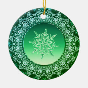 Holiday Green Ice Crystal Snowflake Ceramic Ornament