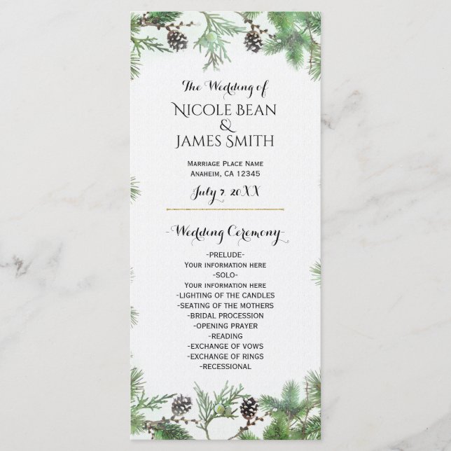 Holiday Green & Pine Cones Country Wedding Program (Front)