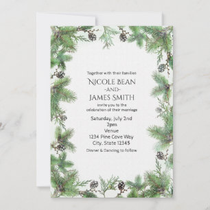 Holiday Green & Pine Cones Country Winter Wedding Invitation