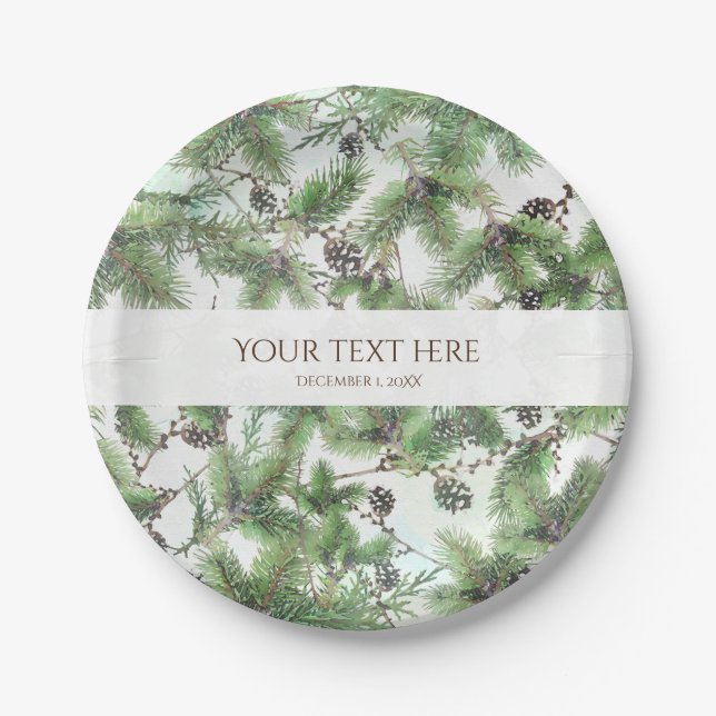 Holiday Green & Pine Cones Country Winter Wedding Paper Plate (Front)