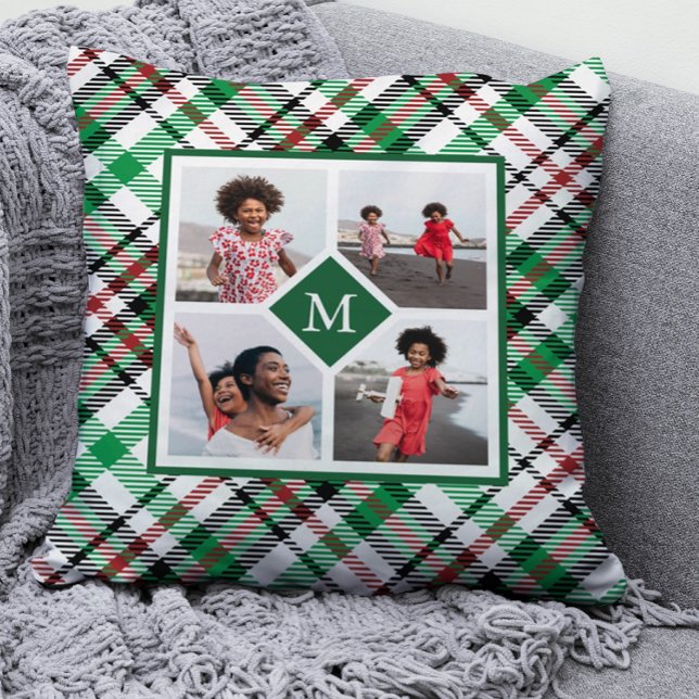 Holiday Green Plaid Photo Collage and Monogram Cushion (Creator Uploaded)