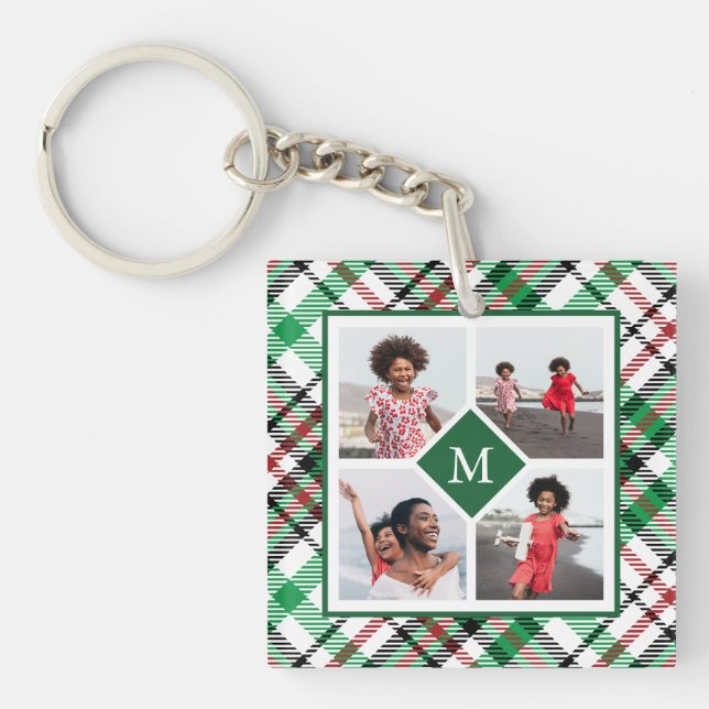 Holiday Green Plaid Photo Collage and Monogram Key Ring (Front)