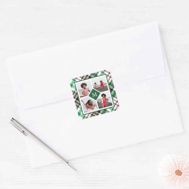 Holiday Green Plaid Photo Collage and Monogram Square Sticker (Envelope)