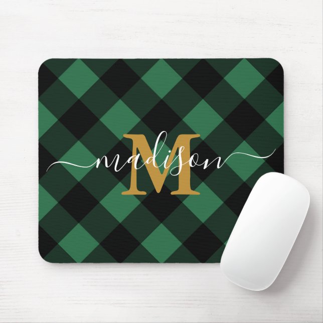 Holiday Green Plaid with Monogram and Name Mouse Pad (With Mouse)