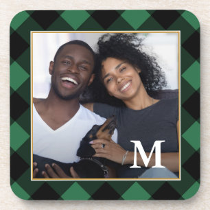 Holiday Green Plaid with Monogram Photo Coaster