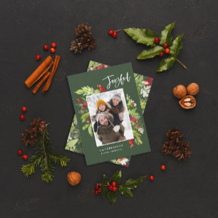 Holiday green red foliage traditional rustic photo card