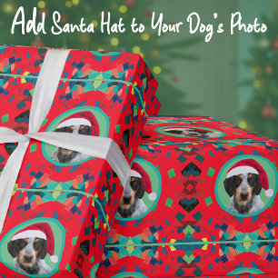 Holiday Green Red Your Dog Photo-Add Our Santa Hat Wrapping Paper