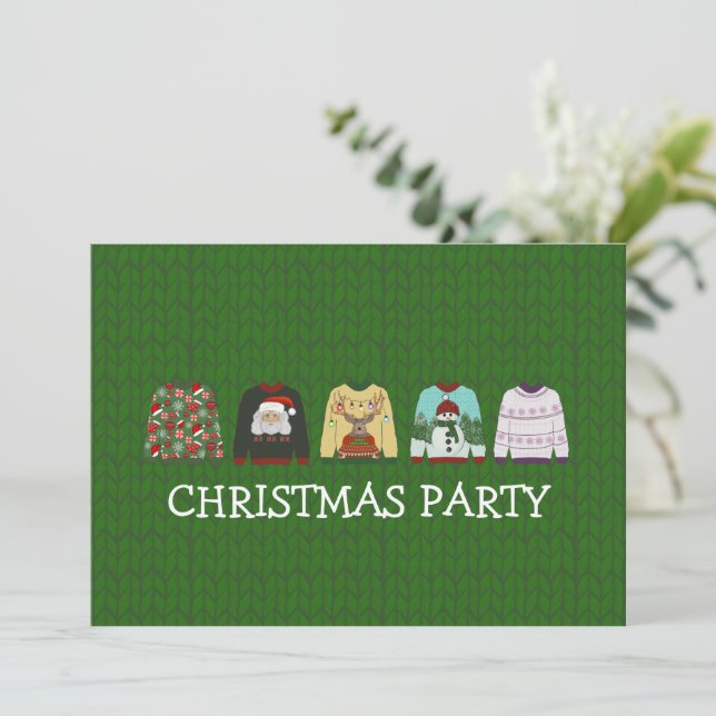Holiday Green Wool Ugly Christmas Sweater Party Invitation (Standing Front)